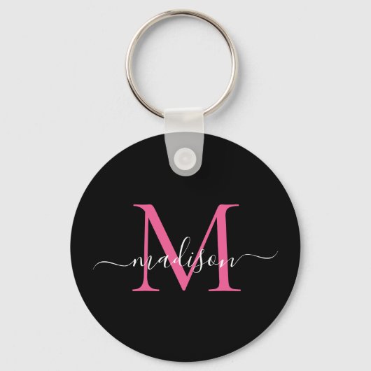 Black Magenta Pink Monogram Name Elegantes Skript Schlüsselanhänger (Vorderseite)