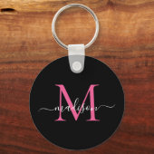 Black Magenta Pink Monogram Name Elegantes Skript Schlüsselanhänger (Vorderseite)
