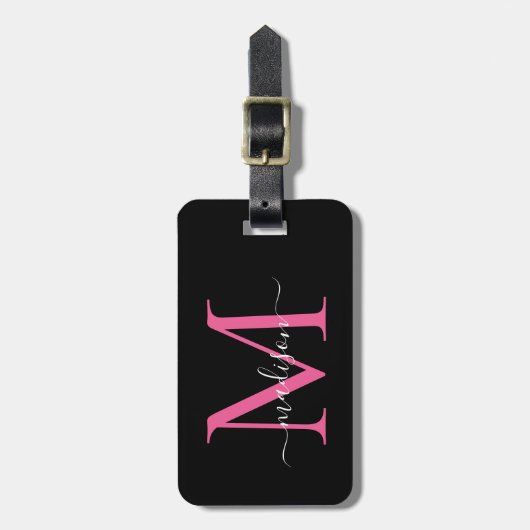 Black Magenta Pink Monogram Script Name Stilvoll Gepäckanhänger (Vorderseite vertikal)