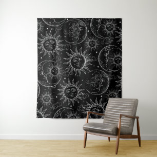 Black Magic Vintag Celestial Sun Moon Stars Wandteppich
