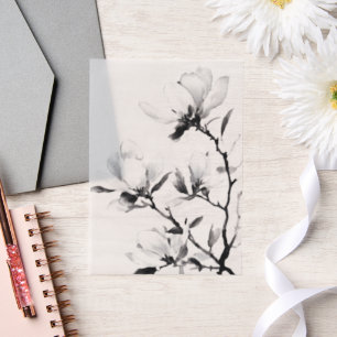 Black Magnolia Moderne Botanische Hochzeit Pergament Einladungen