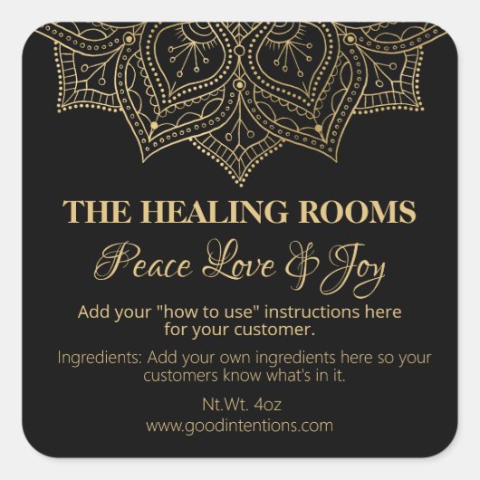 Black Mandala Natural Therapies Labels Quadratischer Aufkleber (Vorderseite)