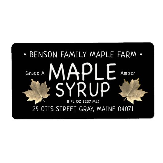 Black Maple Sirup Label Gold Zucker Ahornleaf (Vorne)
