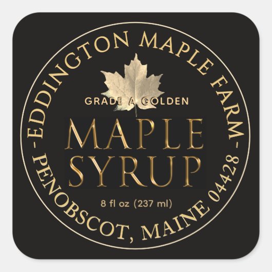 Black Maple Syrup Label with Gold Maple Leaf Quadratischer Aufkleber (Vorderseite)