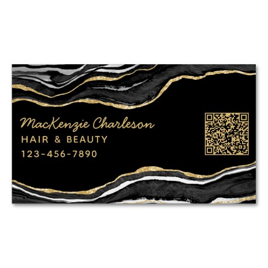 Black Marble Agate Geode Gold Glitzer QR Code Magnetische Visitenkarte (Vorderseite)
