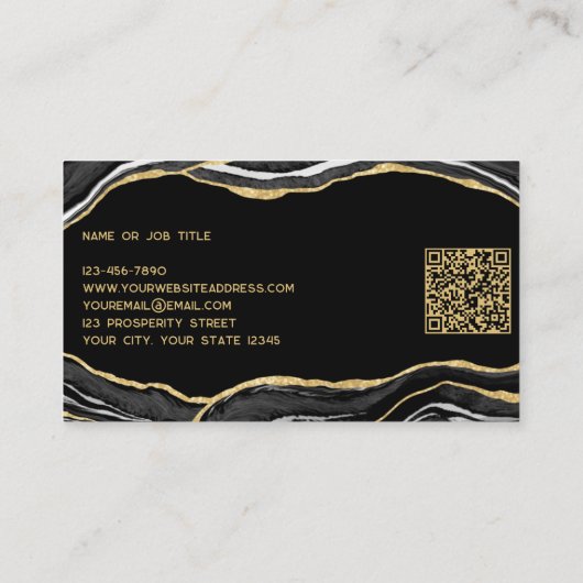 Black Marble Agate Geode Gold Glitzer QR Code Visitenkarte (Rückseite)