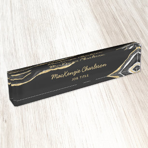 Black Marble Agate Gold Glitzer Beruflich Namensplakette