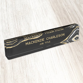 Black Marble Agate Gold Glitzer Beruflich Namensplakette