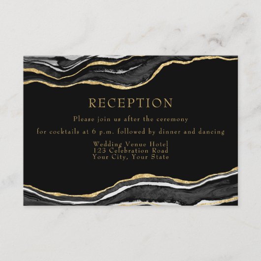 Black Marble Agate Gold Glitzer Hochzeitsempfang Begleitkarte (Vorderseite)