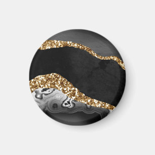 Black Marble Agate Gold Glitzer Magnet