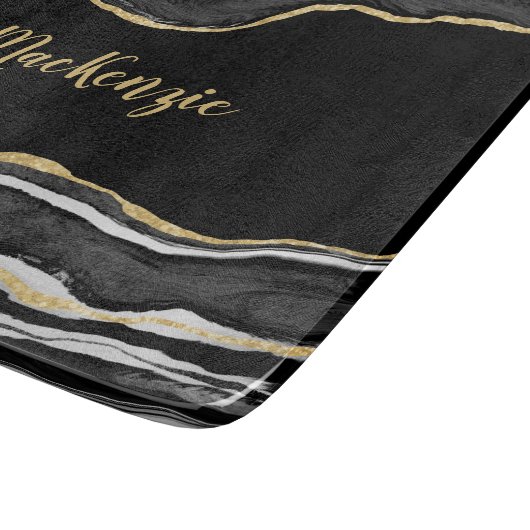 Black Marble Agate Gold Glitzer Personalisiert Schneidebrett (Ecke)