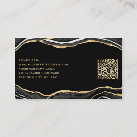Black Marble Agate Gold Glitzer QR Code Visitenkarte (Rückseite)