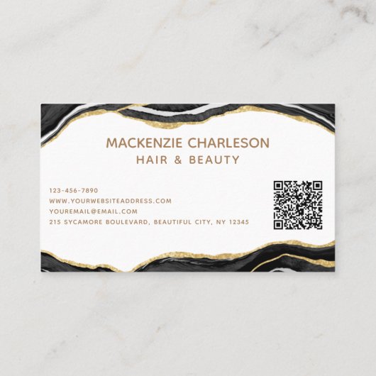Black Marble Agate Gold Glitzer QR Code Visitenkarte (Rückseite)