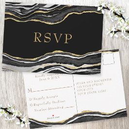 Black Marble Agate Gold Glitzer Wedding RSVP