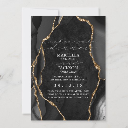 Black Marble & Gold Agate Dinner Probe Einladung (Vorderseite)