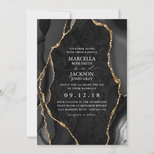 Black Marble Gold Agate Wedding Einladung (Vorderseite)