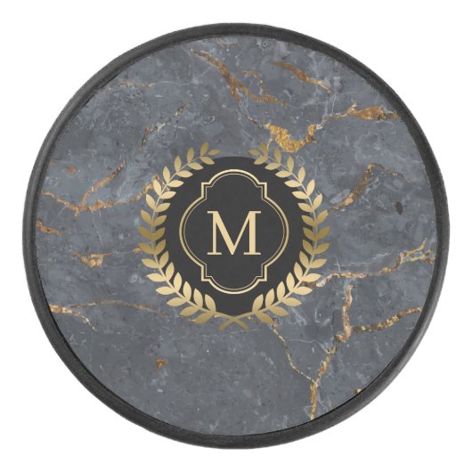 Black Marble Gold Badge Monogram Eishockey Puck (Vorderseite)