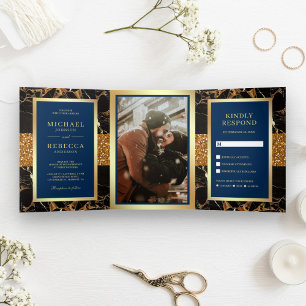 Black Marble Gold Glitzer Navy Blue Wedding Dreifach Gefaltete Einladung