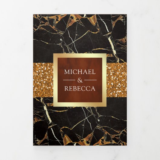 Black Marble Gold Glitzer Terracotta Wedding Dreifach Gefaltete Einladung (Cover)