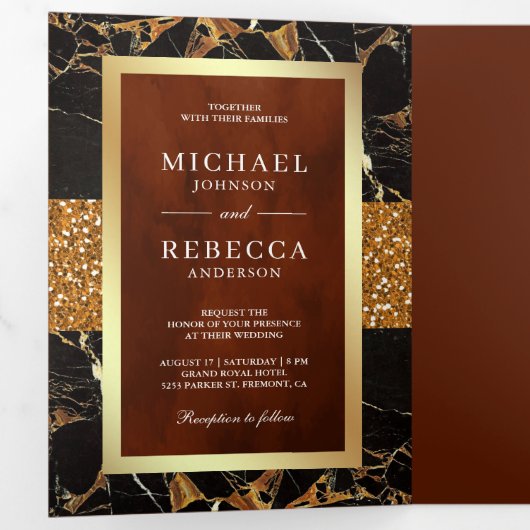 Black Marble Gold Glitzer Terracotta Wedding Dreifach Gefaltete Einladung (Innen Erste Seite)