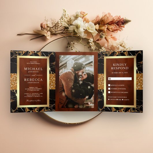 Black Marble Gold Glitzer Terracotta Wedding Dreifach Gefaltete Einladung