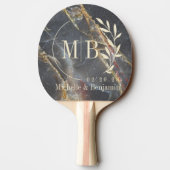 Black Marble & Gold Stone Leaf Wedding Monogram Tischtennis Schläger (Rückseite)