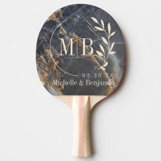 Black Marble & Gold Stone Leaf Wedding Monogram Tischtennis Schläger (Vorderseite)