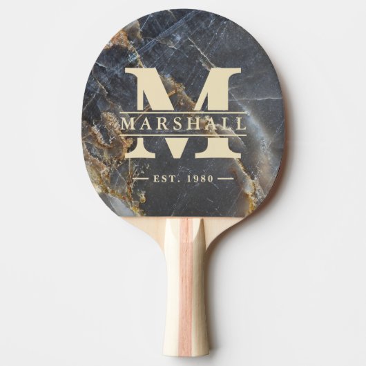 Black Marble & Gold Stone Monogram & Name Overlay Tischtennis Schläger (Vorderseite)