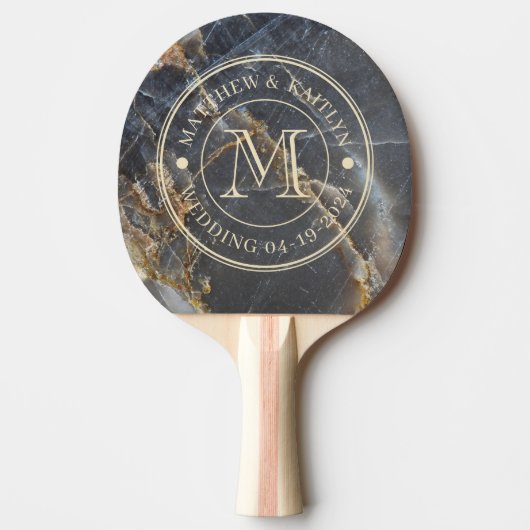 Black Marble & Gold Stone Wedding Monogram Tischtennis Schläger (Vorderseite)