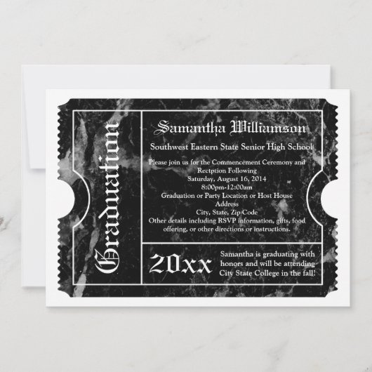 Black Marble Modern Abschluss Ticket Einladung (Vorderseite)
