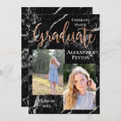 Black Marble Rose Gold Script Foto Abschluss Einladung (Vorne/Hinten)