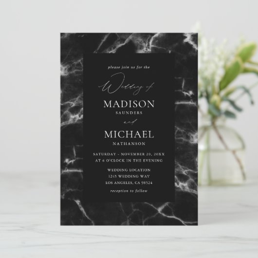 Black Marble Wedding 2 Einladung (Stehend Vorderseite)