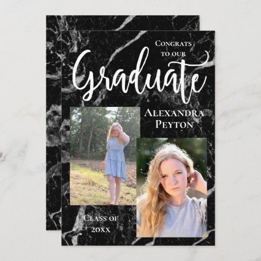 Black Marble White Script Foto Abschluss Einladung (Vorne/Hinten)