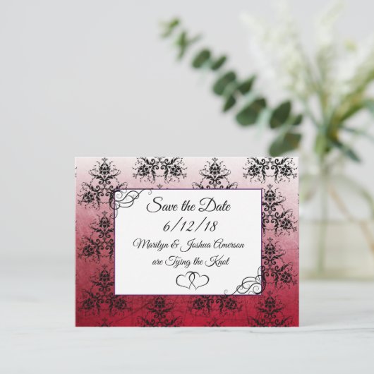 Black Maroon Damask Hochzeit Save the Date Postkar Postkarte (Stehend Vorderseite)