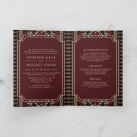 Black Maroon Red Ikat All in One Sikh Wedding Einladung (Innenseite)