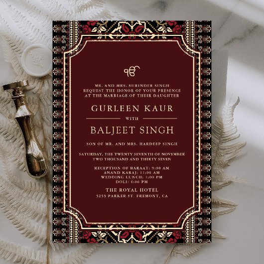 Black Maroon Red Ikat Anand Karaj Sikh Wedding Einladung