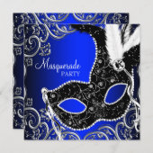 Black Mask Royal Blue Masquerade Party Einladung (Vorne/Hinten)
