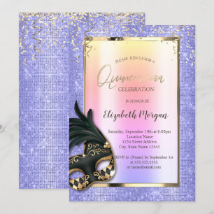 Black Masque Masquerade Lavander Quinceañera Einladung
