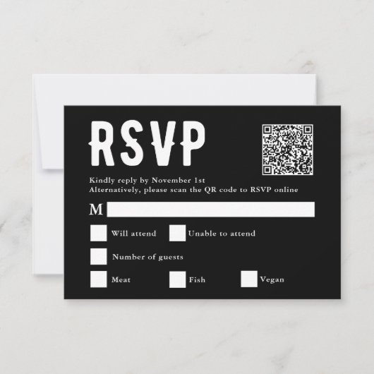 Black Meal Choice Wedding Scan Qr Code RSVP Karte (Vorderseite)