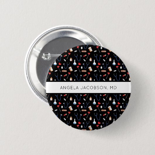 Black Medical Equipment Pattern Doctor Nurse Button (Vorne & Hinten)