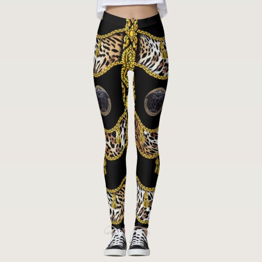 Black Medusa Leopard und Gold Tassel Black Leggings (Vorderseite)