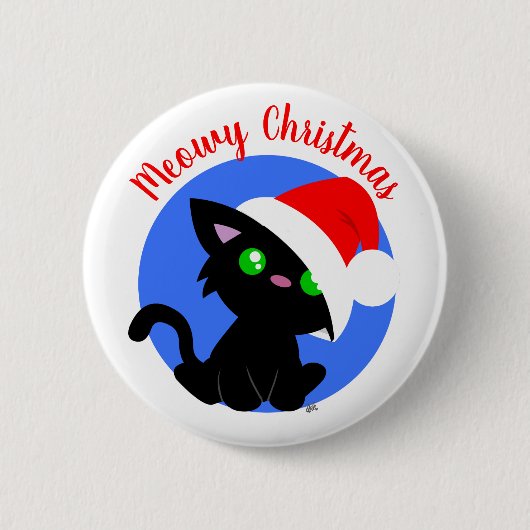 Black Meowy Christmas Kitty Button (Vorderseite)