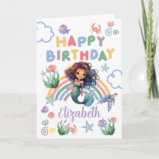 Black Mermaid Birthday Card in White Karte (Vorderseite)