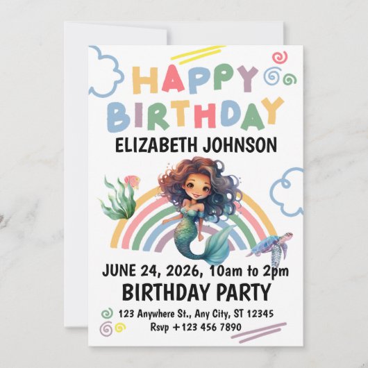 Black Mermaid Birthday Invitation in White  Einladung (Vorderseite)
