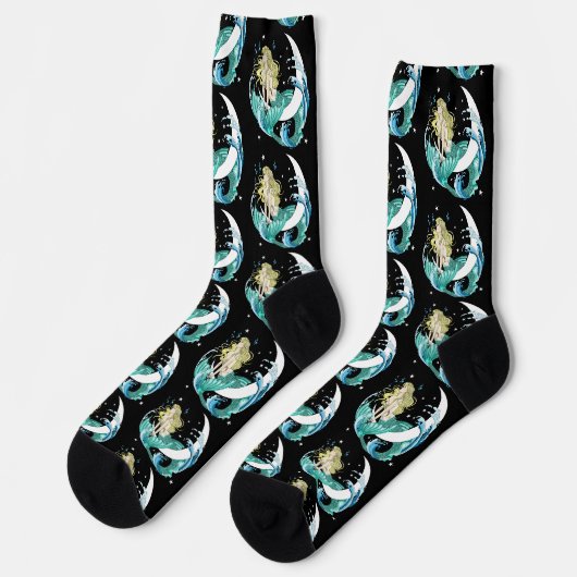 Black Mermaid Moon Fantasy Art Deco Socken (Linkes Detail)