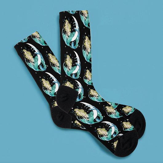 Black Mermaid Moon Fantasy Art Deco Socken