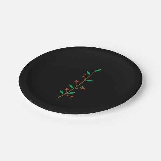Black Merry Botanical Berry Branch Holiday Party Pappteller (Schrägansicht)