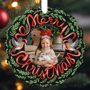 Black Merry Christmas Folk Foliage Wreath Foto Ornament Karte