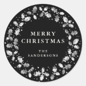 Black Merry Christmas Holly Wreath Weihnachten Runder Aufkleber (Vorderseite)