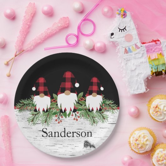 Black Merry Christmas Red Buffalo Kariert Gnome Pappteller (Party)